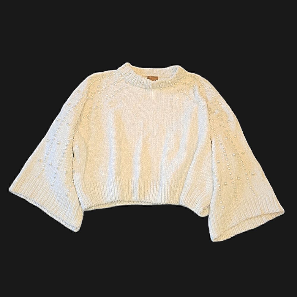NWOT POL Chunky Chenille Semi Crop Ivory Off White Sweater with Pearls M